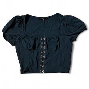 Blashe Black Puff Sleeve Corset Crop Top Hook Eye Front Zip Back S